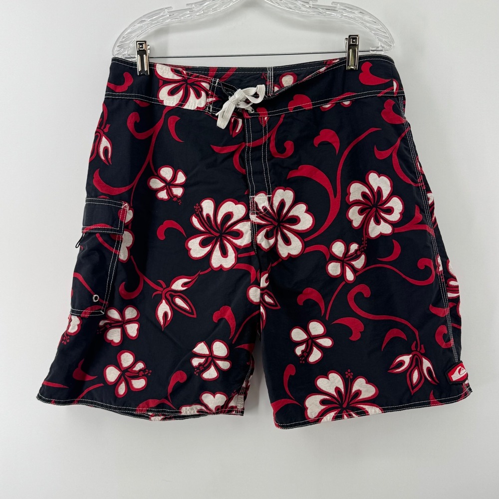 Quiksilver Mens Hibiscus Floral Board Shorts Black Red White Size 36 Surf Trunks